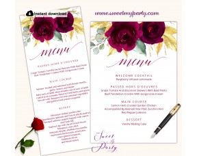 Burgundy gold menu cards printable template,(149)